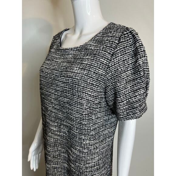 Loft Womens Size 12 Dress Tweed short sleeve Puffed Black Ivory Academia Style - Picture 3 of 10